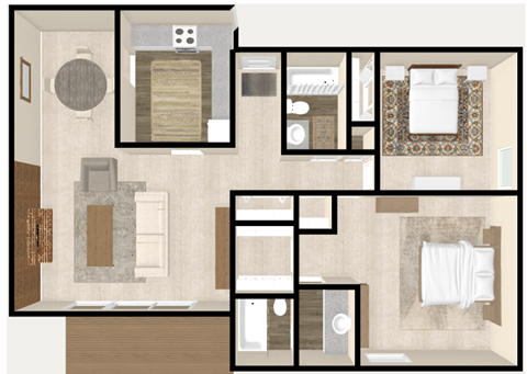 Floor plan for 2 beds, 2 baths, 1080 sqft